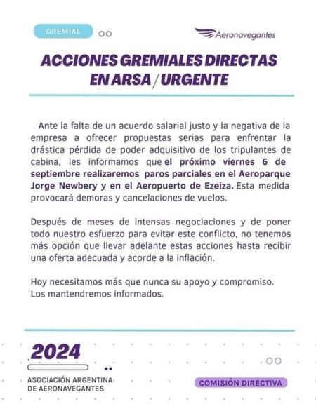 El comunicado de la Asociación Argentina de Aeronavegantes. Foto: Gentileza AAA.