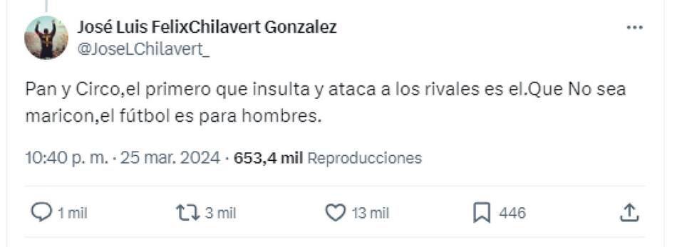 El tweet de Chilavert contra Vinicius. Foto: Twitter.