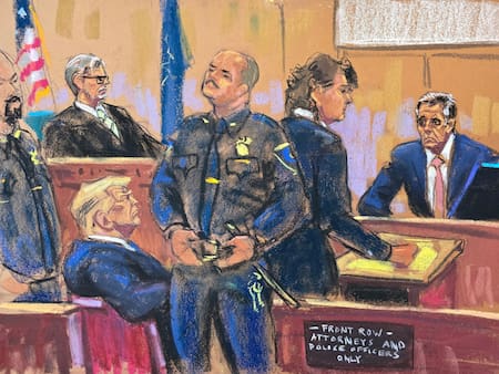 Representación del juicio entre Donald Trump y su exabogado Michael Cohen. Foto: Reuters.