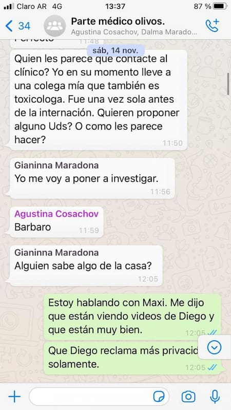 Chats familia Maradona y grupo médico.
