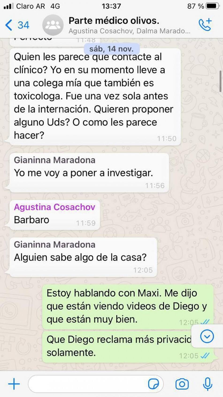 Chats familia Maradona y grupo médico.
