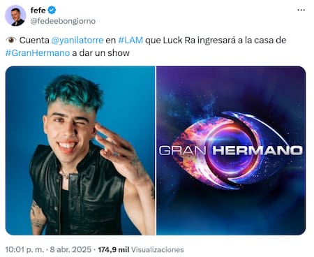 Luck Ra entra a la casa de Gran Hermano. Foto: X.