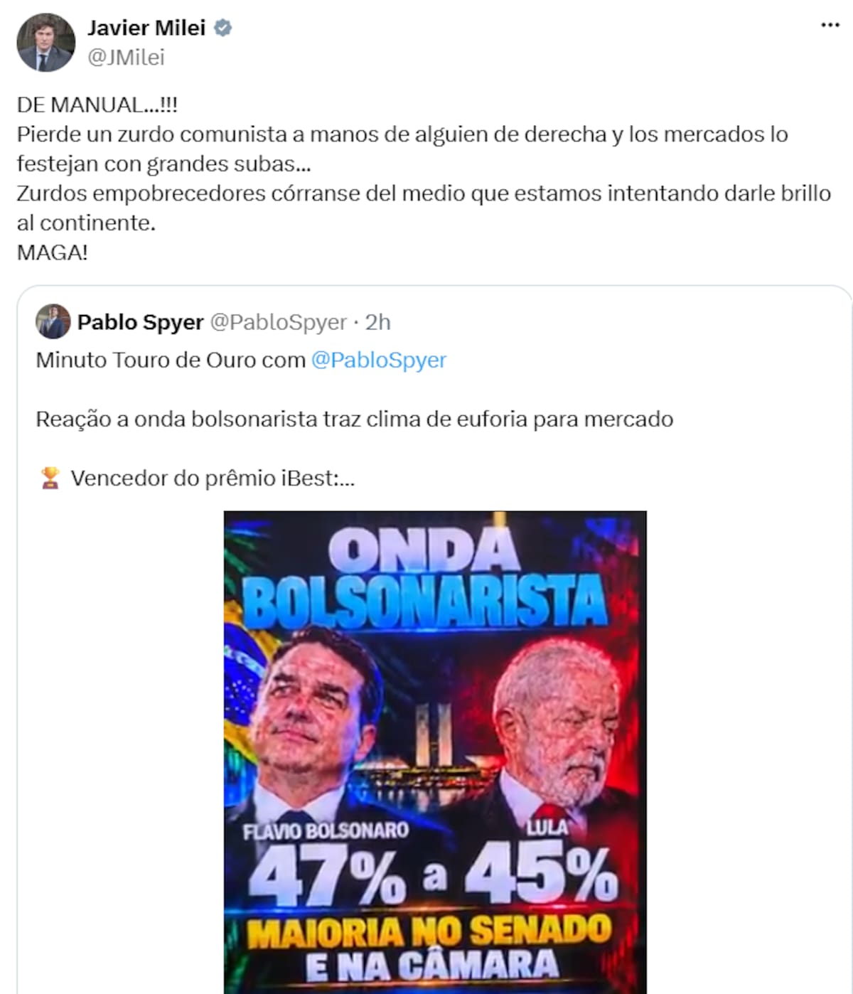 Milei celebró la derrota de Lula en las elecciones brasileñas