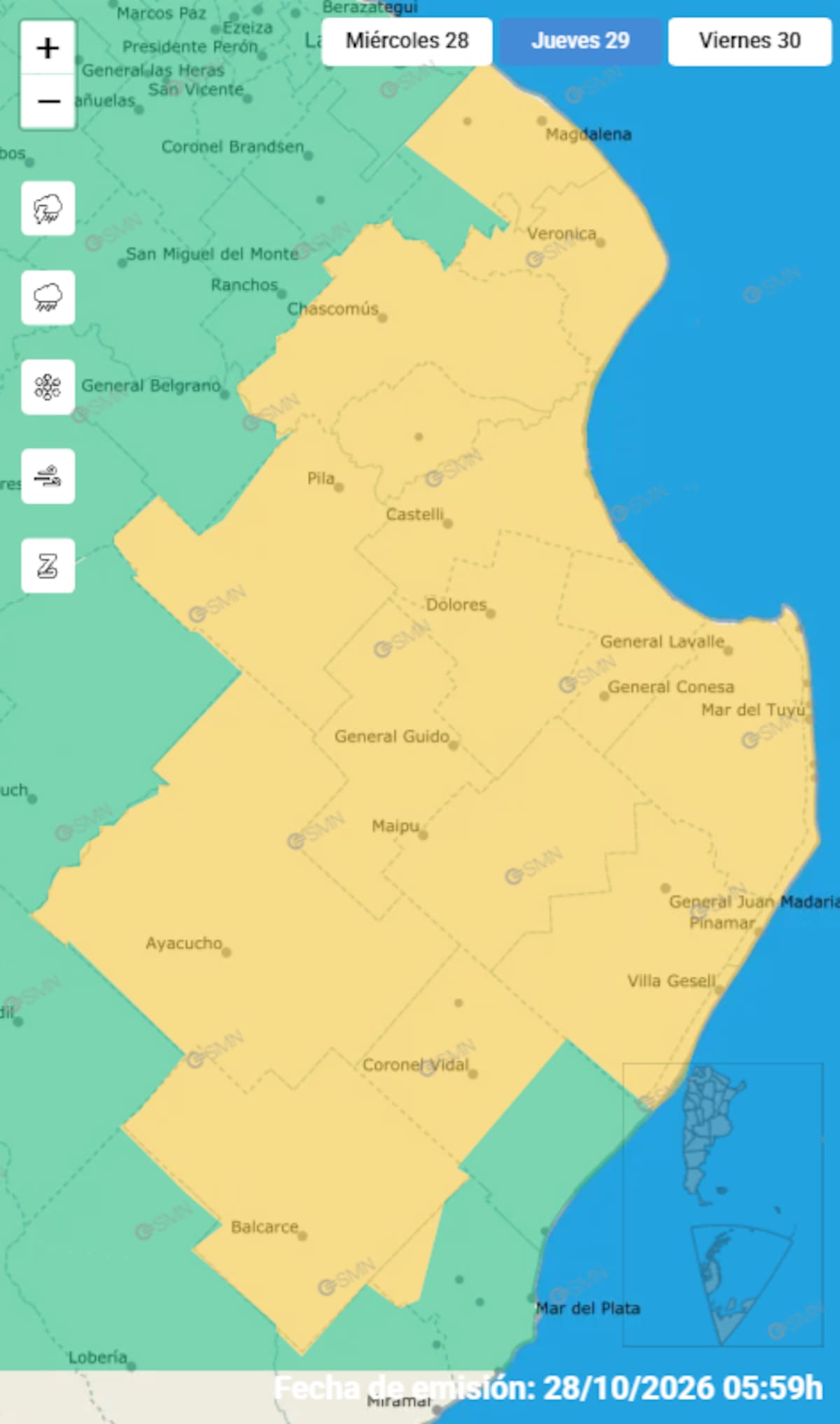 Mapa de alertas para este jueves 28 de octubre.