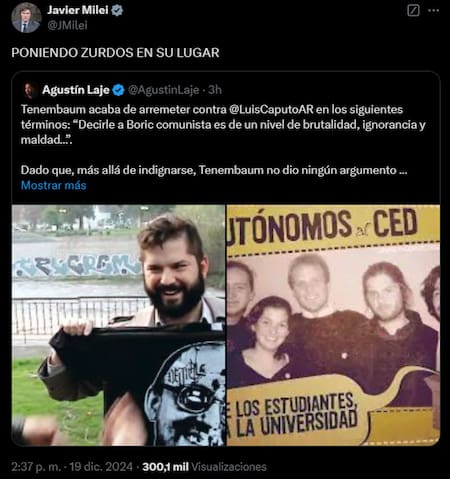 Javier Milei apuntó contra Gabriel Boric. Foto: X @JMilei