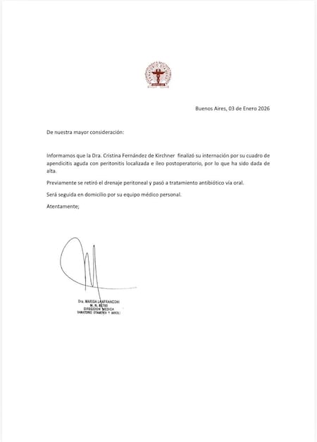El parte médico de Cristina Kirchner, quien recibió el alta médica.