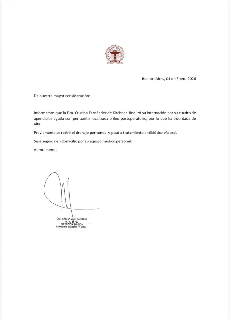 El parte médico de Cristina Kirchner, quien recibió el alta médica.