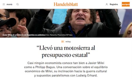 El diario "Handelsblatt" opinó sobre el gobierno de Javier Milei. Foto: www.handelsblatt.com.