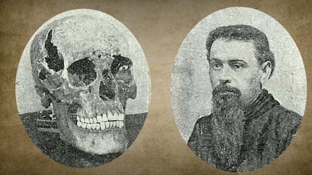 A la derecha el cráneo de Moreira cuya historia involucra a la familia del ex presidente Perón