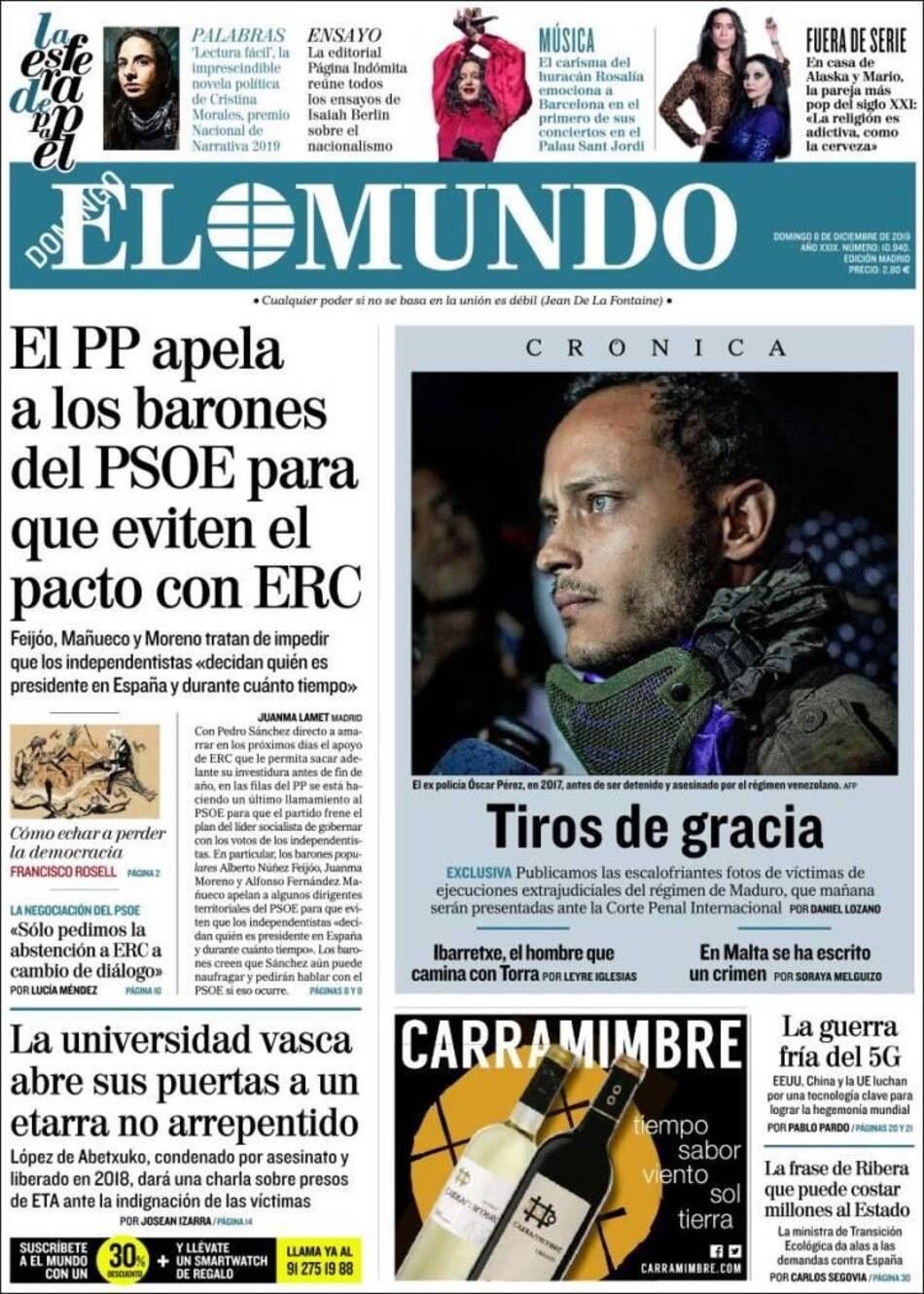 Tapas de diarios, El Mundo, domingo 8 de diciembre de 2019