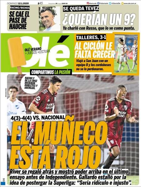 Tapas de diarios, Olé, domingo 12 de enero de 2020