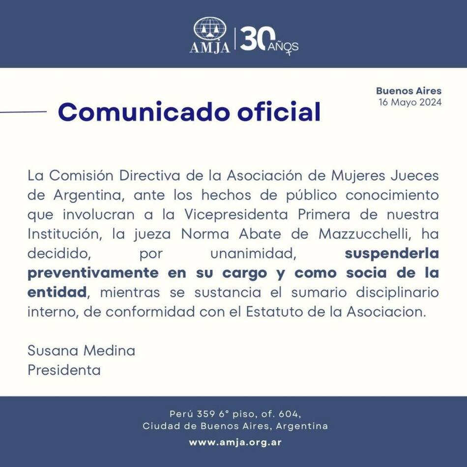 Comunicado de la Asociación de Mujeres Juezas de Argentina sobre la jueza Norma Abate de Mazzucchelli