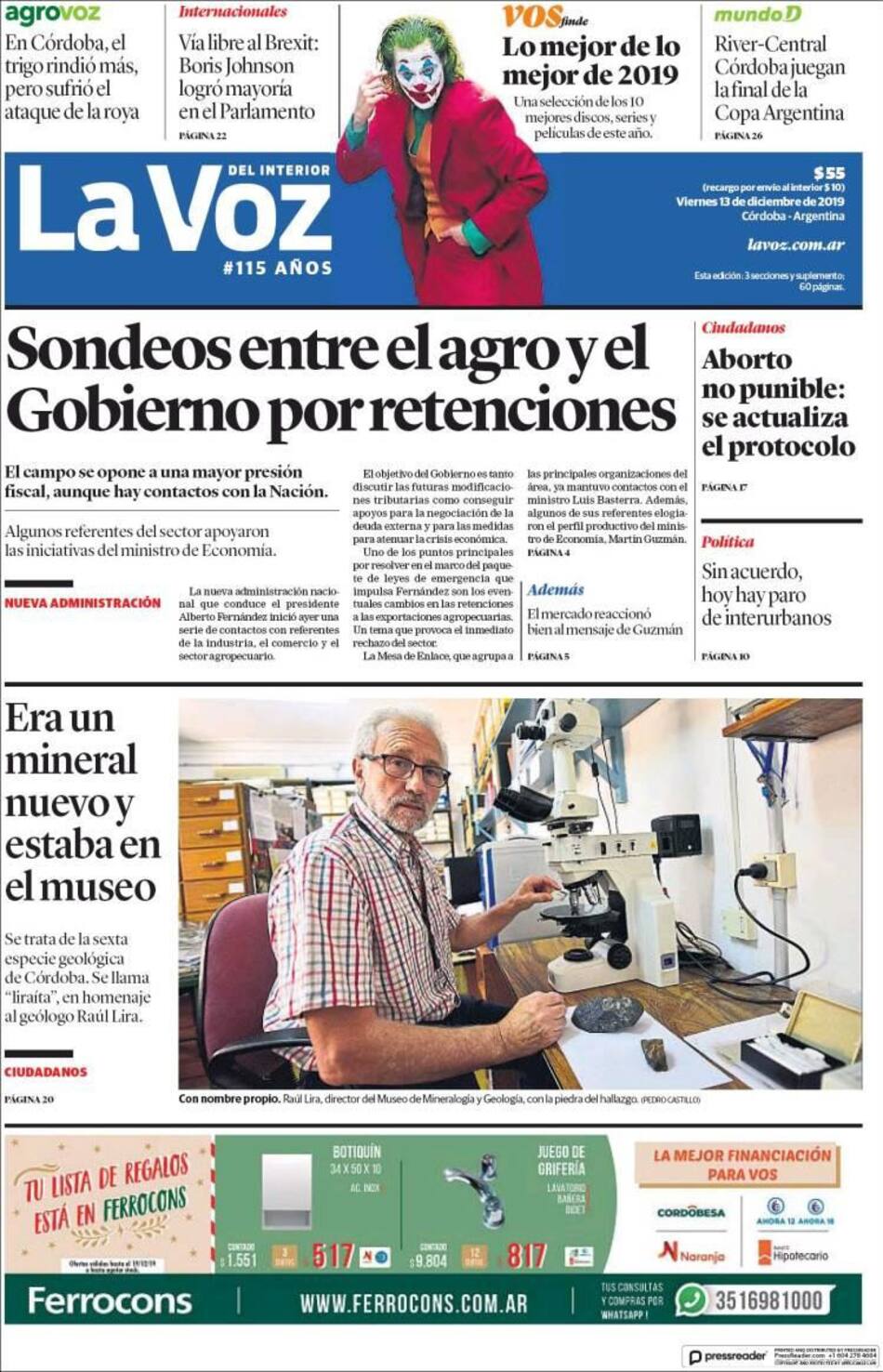 Tapas de diarios, La Voz viernes 13 de diciembre de 2019