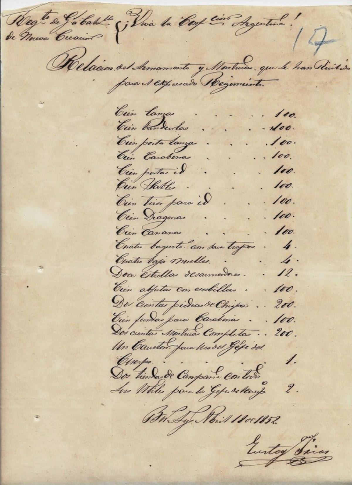Documentos de 1852 revelan el intento de Urquiza y Eustoquio Frías por reorganizar el Regimiento de Granaderos