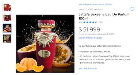 Precio del perfume árabe "Sakeena" de Lataffa. Foto: MercadoLibre.