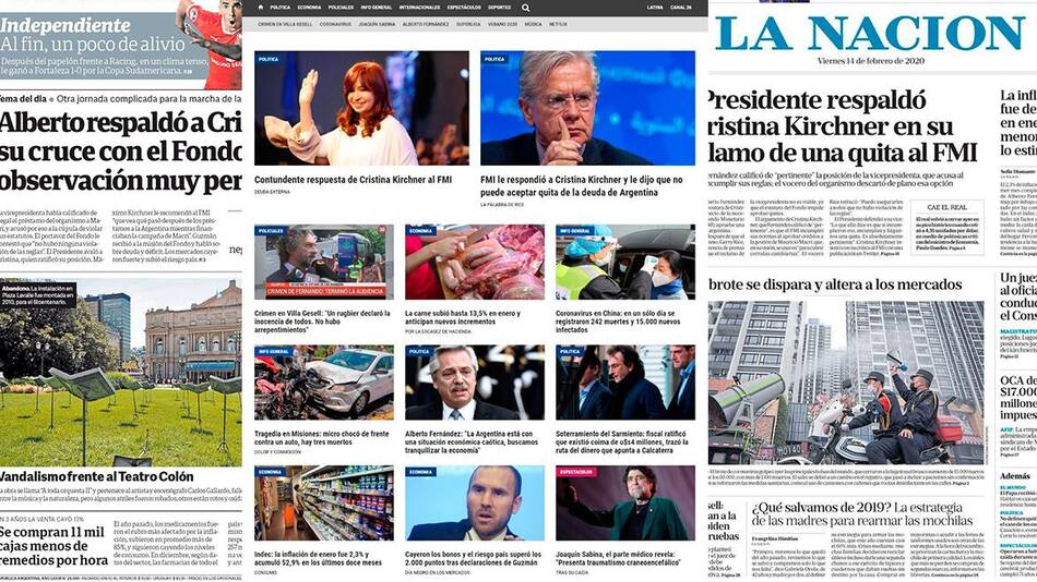 Tapas de diarios argentinos, 14-2-20