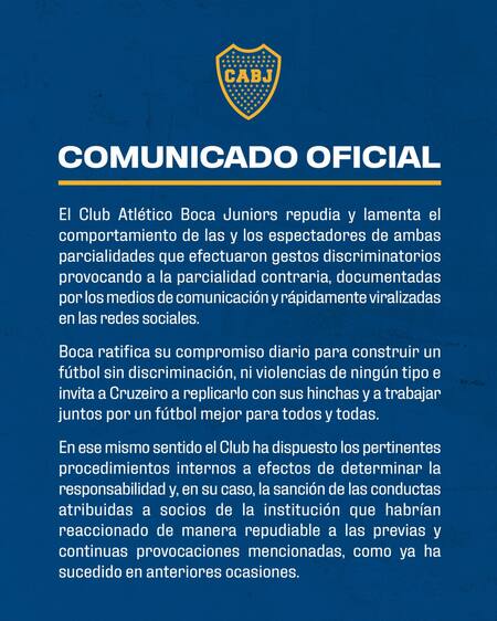 El comunicado de Boca Juniors tras el partido con Cruzeiro. Foto: X @BocaJrsOficial