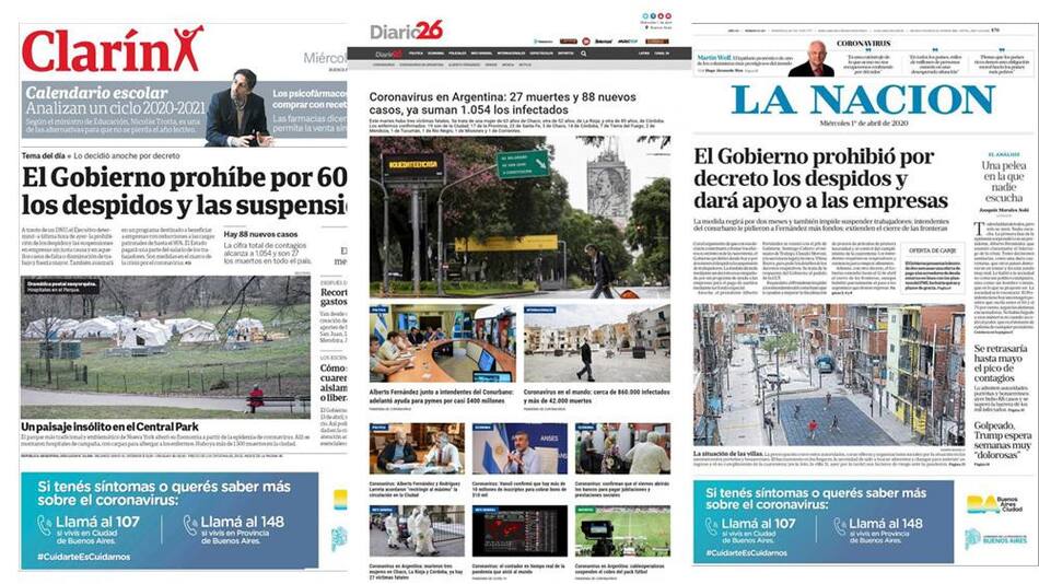 Tapas de diarios de Argentina, 1-3-2020