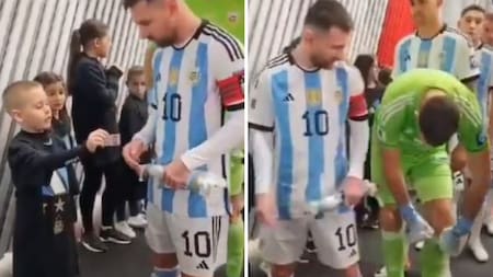 ¿Nueva cábala?: un nene le regaló figuritas a Messi y el "Dibu" Martínez se las guardó en sus medias