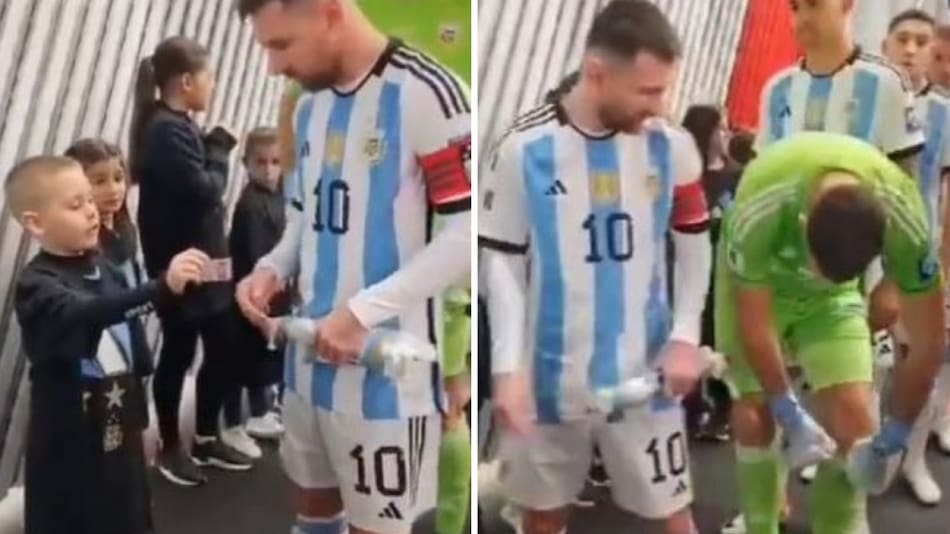 Un nene le regaló dos figuritas a Messi y "Dibu" Martínez se las guardó en sus medias. Foto: captura de pantalla.