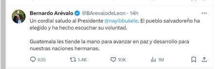 Tuit de Arévalo de León, presidente de Guatemala. Foto: captura.