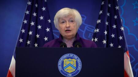 Janet Yellen en conferencia de prensa durante su visita a China. Foto: Reuters.