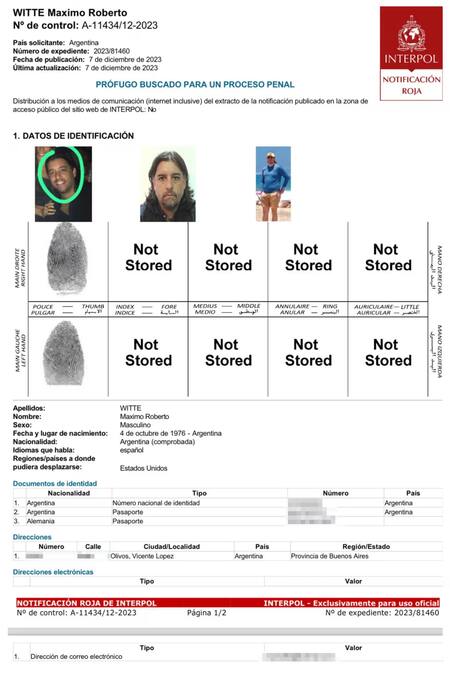 El alerta que emitió Interpol para dar con Witte. Foto: AFIP
