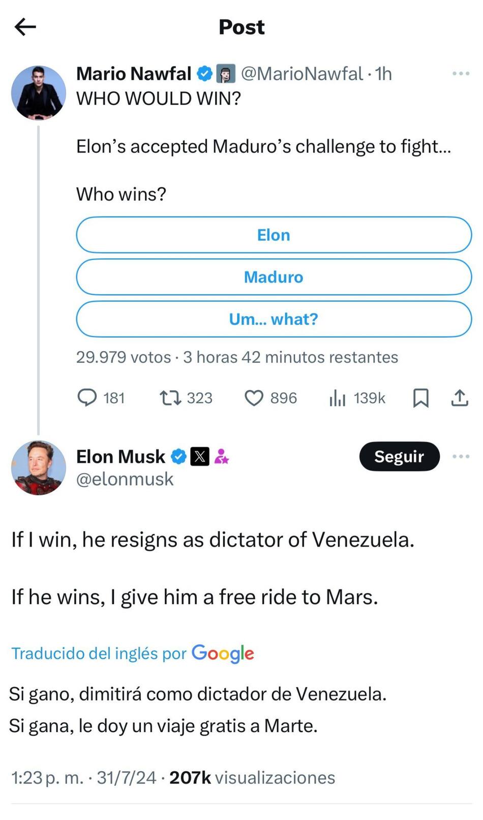La propuesta de Elon Musk para Nicolás Maduro. Foto: Captura.