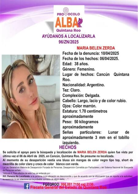 María Belén Zerda es buscada en Cancún. Foto: NA.
