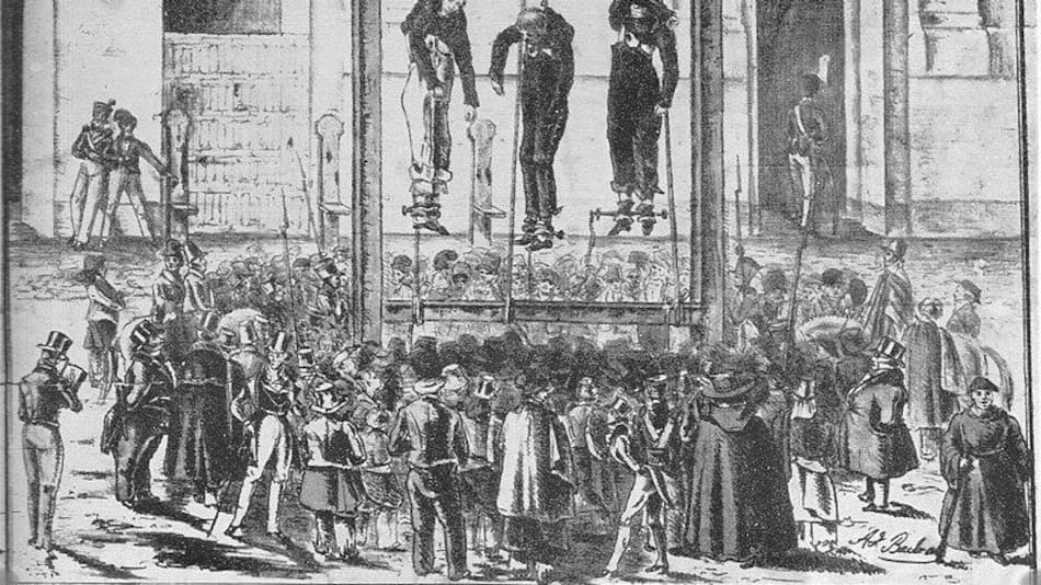 Exhibición de los cadáveres de los hermanos Reinafé y de Pérez tras el fusilamiento