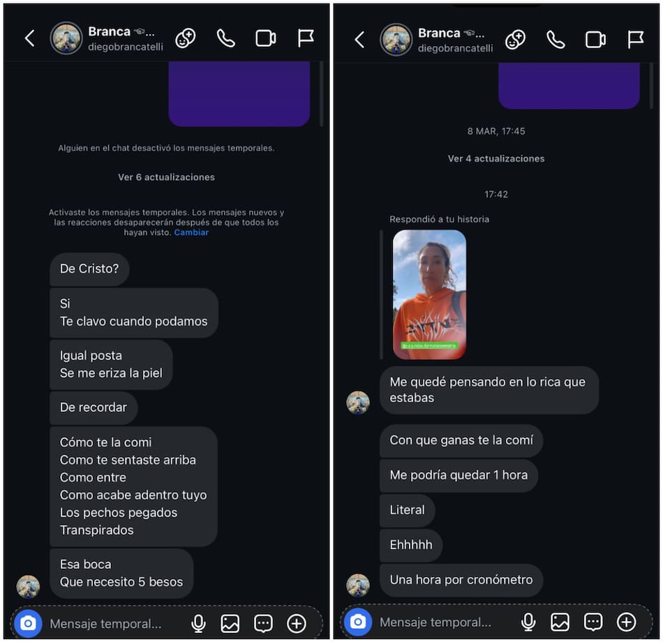 Los chats filtrados entre Diego Brancatelli y Luciana Elbusto. Foto: redes sociales.