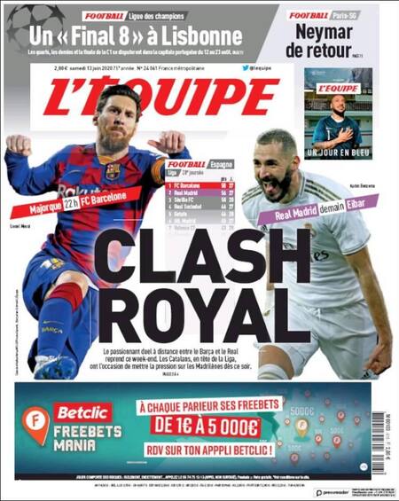 Tapas de diarios, L Equipe, sábado 13 de junio de 2020