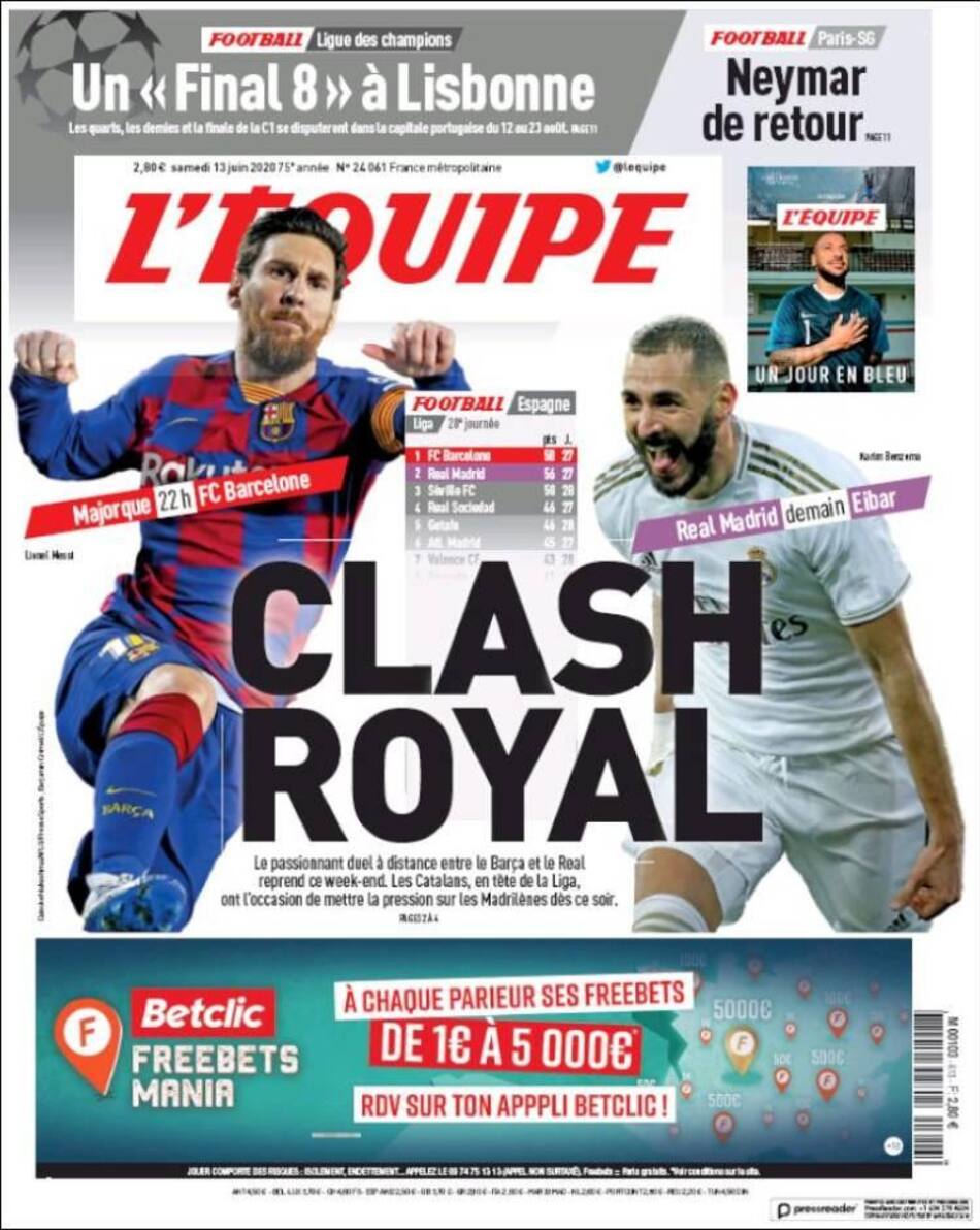 Tapas de diarios, L Equipe, sábado 13 de junio de 2020