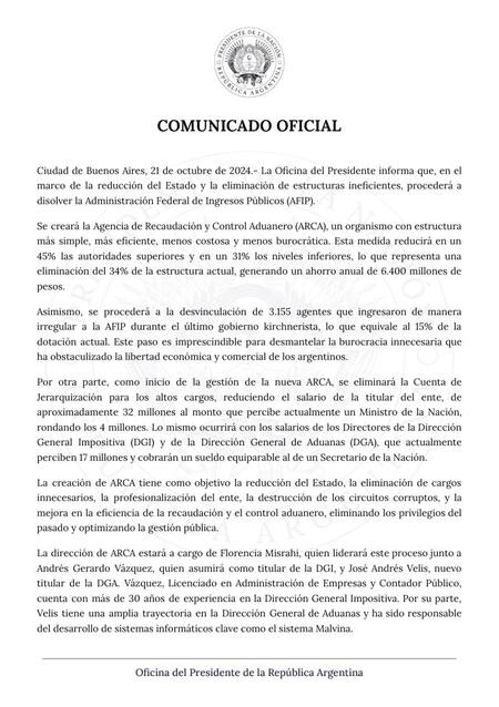El comunicado del Gobierno sobre la disolución de la AFIP.