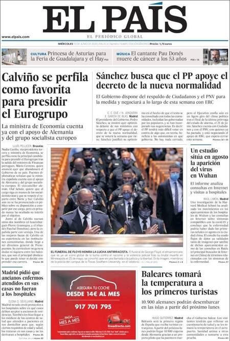 Tapas de diarios, El pais, miércoles 10 de junio de 2020