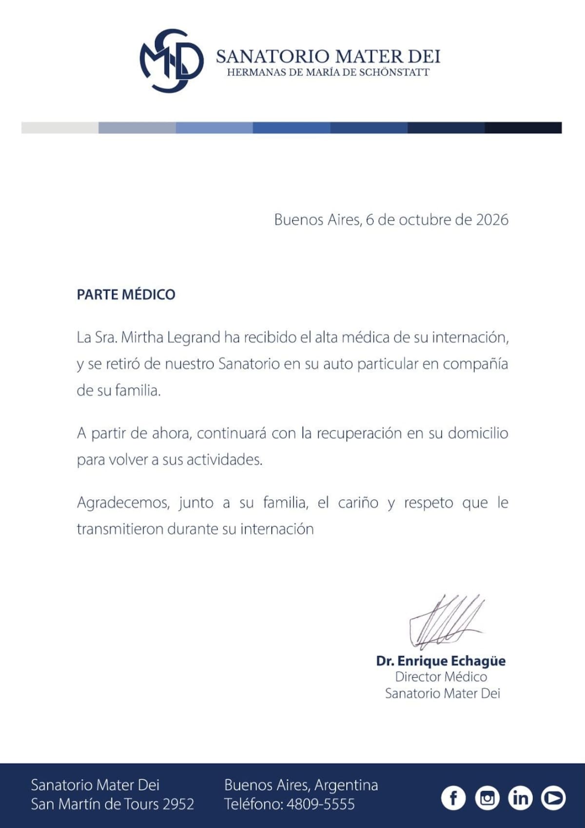 Parte médico de Mirtha Legrand - 6/10/26
