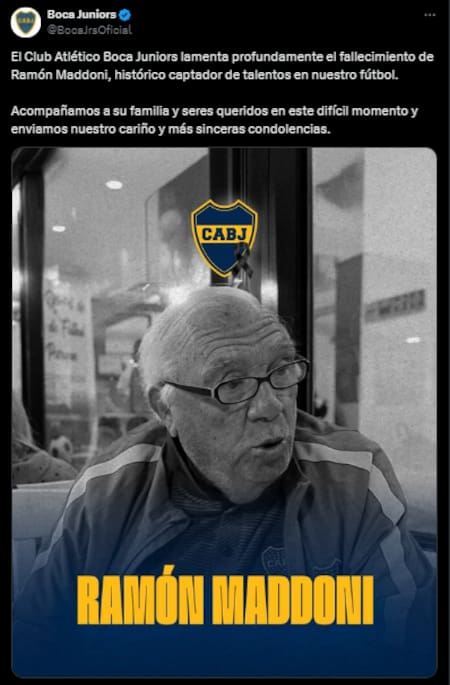 El mensaje de Boca tras conocerse la muerte de Ramón Maddoni.