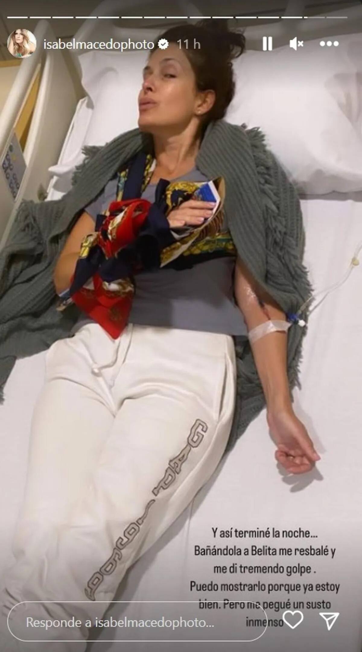 Posteo de Isabel Macedo tras su accidente doméstico. Foto: NA.