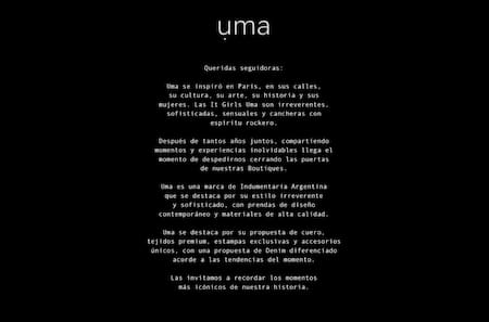 Uma anunció el cierre de sus locales. Foto: Instagram / uma_oficial.