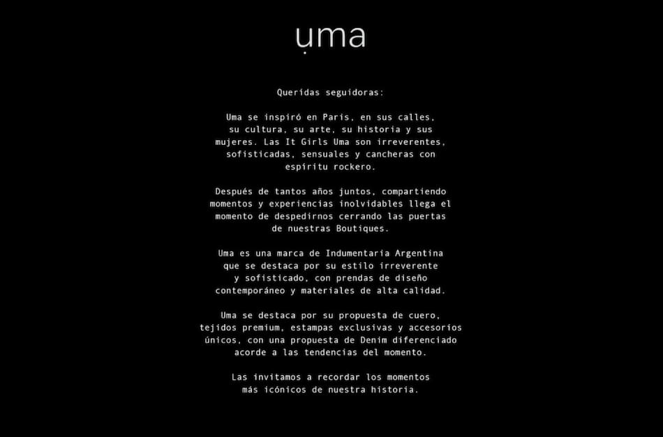 Uma anunció el cierre de sus locales. Foto: Instagram / uma_oficial.