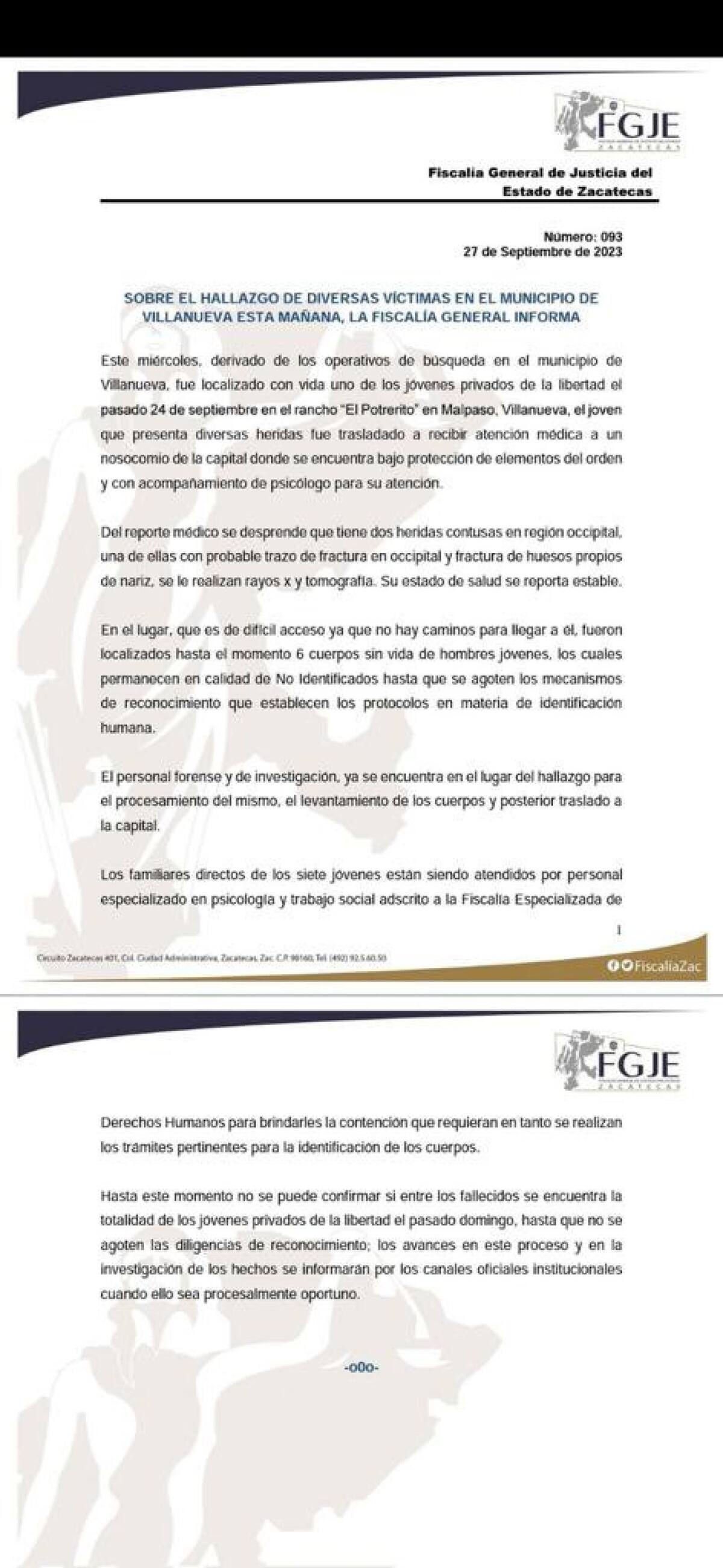 Reporte de la Fiscalía de México sobre el hallazgo de los cadáveres.
