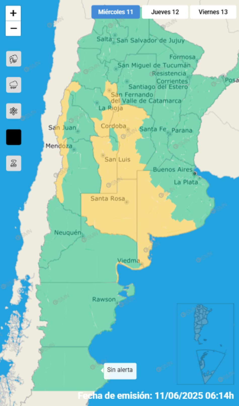 Alerta amarilla sobre nueve provincias por vientos fuertes. Foto: SMN.
