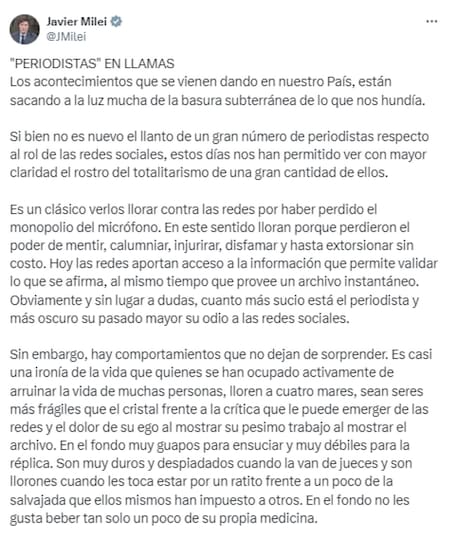 Primera parte del texto de Javier Milei contra una parte del periodismo. Foto: Twitter.