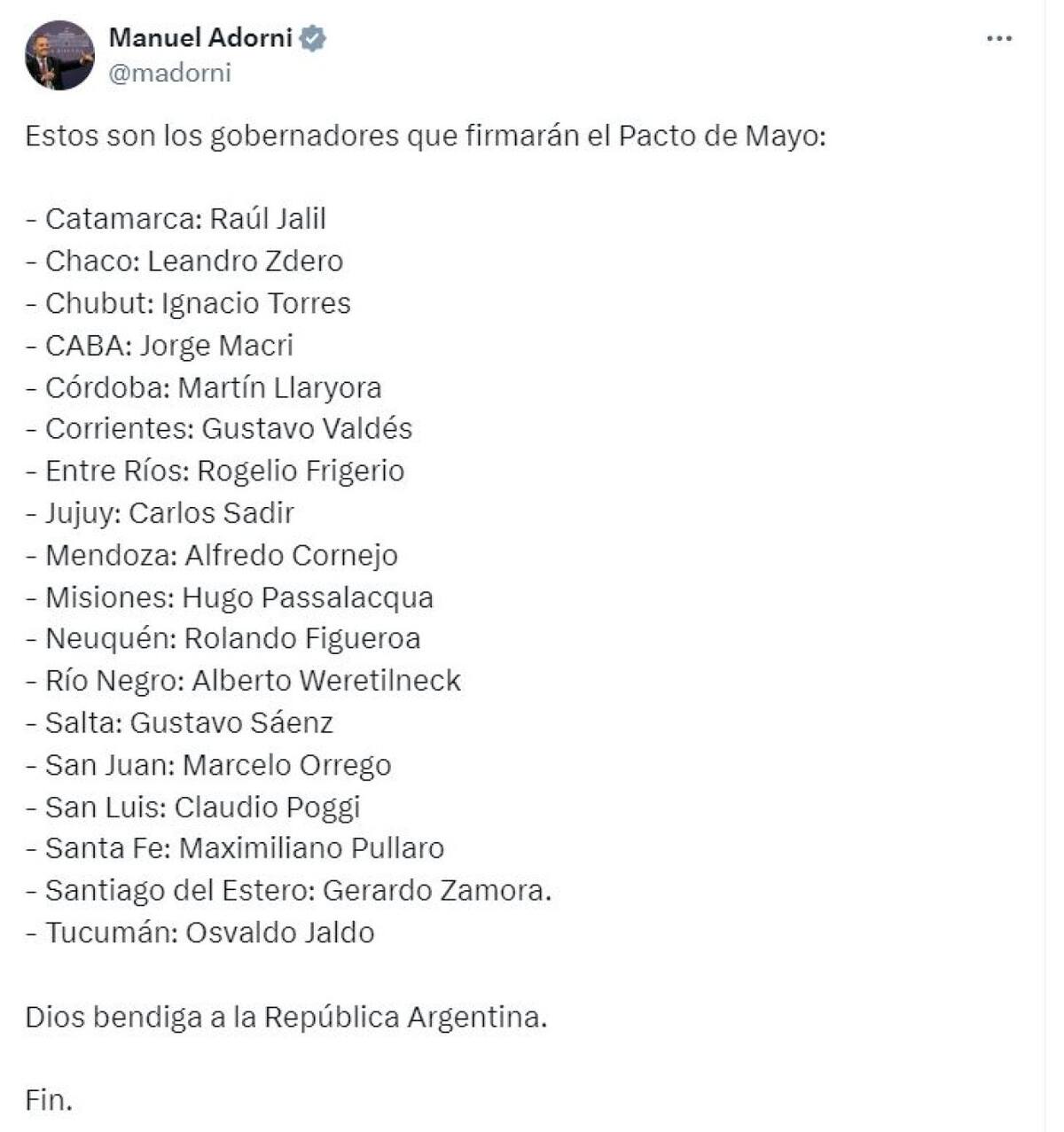 El tuit de Manuel Adorni confirmando los gobernadores que firmarán el Pacto de Mayo.