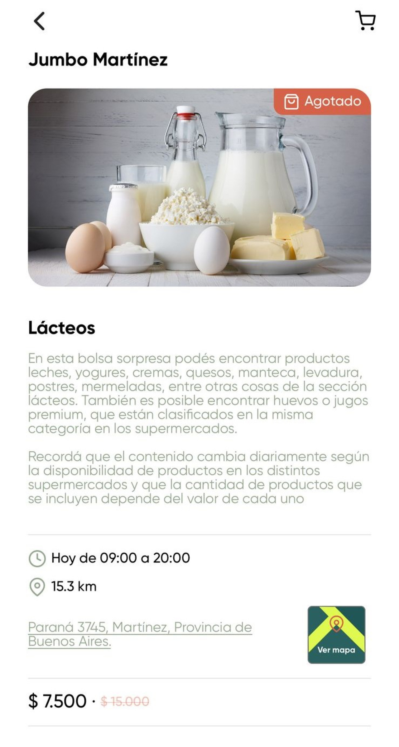Descripción de productos "Lácteos" en Cheaf. Foto captura.
