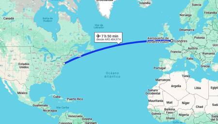 Distancia de Nueva York a Londres. Foto Google Maps