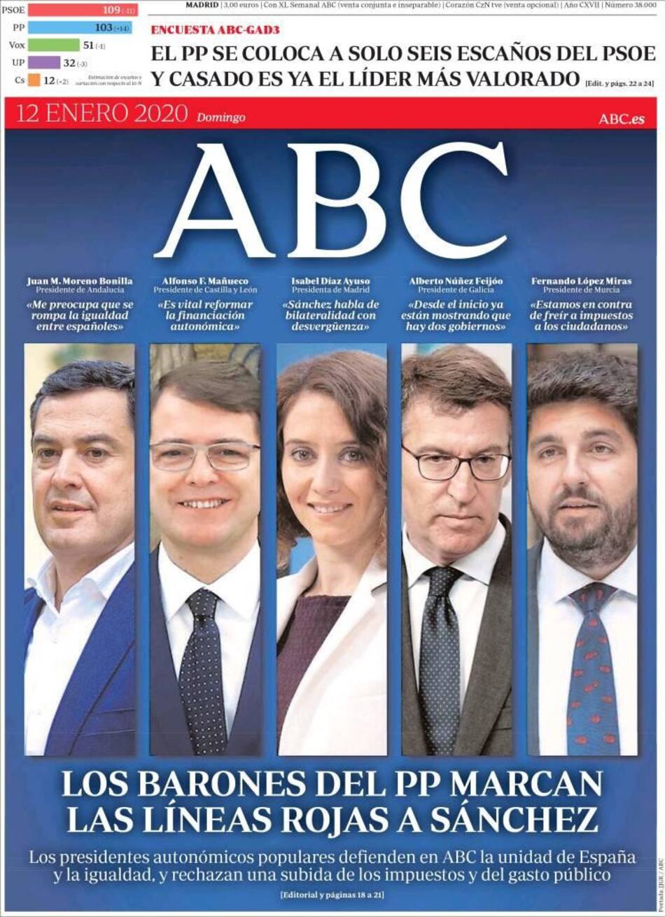 Tapas de diarios, ABC, domingo 12 de enero de 2020