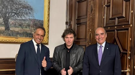 Daniel Scioli junto a Javier Milei y Guillermo Francos. Foto: NA.
