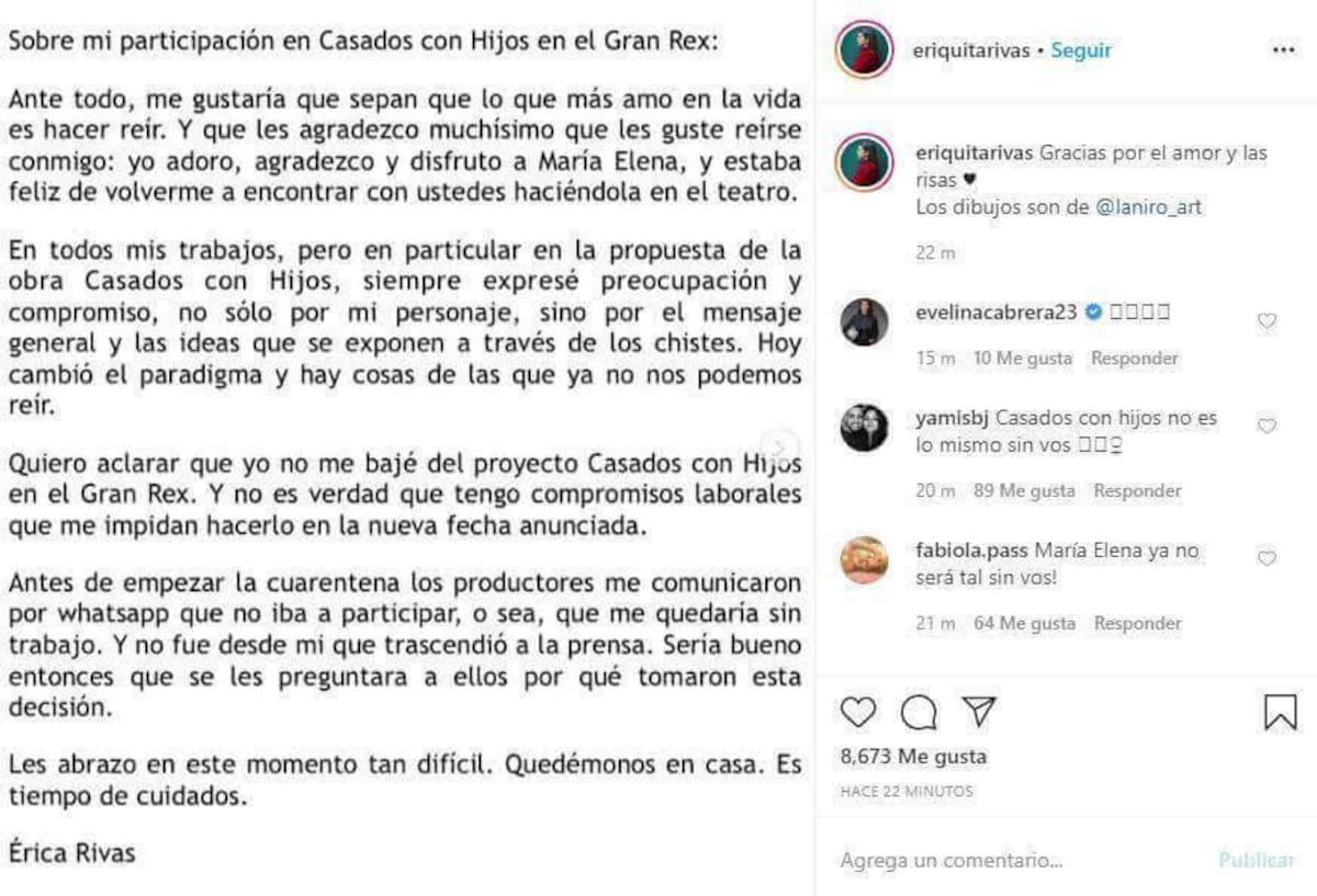Posteo de Érica Rivas por Casados con hijos