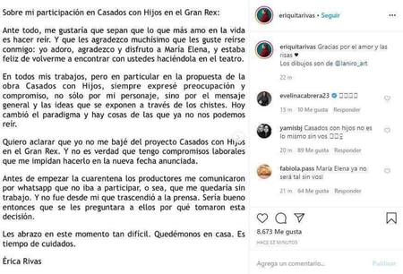 Posteo de Érica Rivas por Casados con hijos